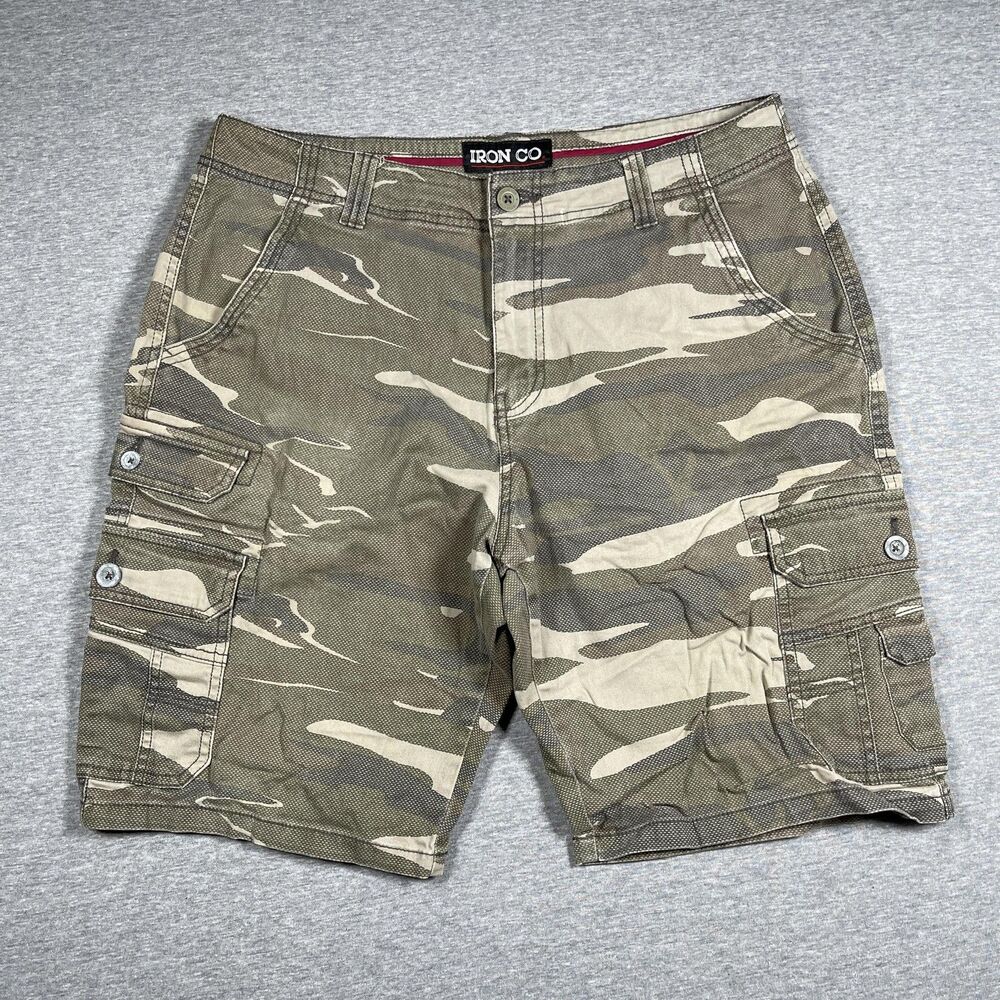IRON CO. Cargo Shorts Mens 34 Green Camo Cotton Spandex Canvas Workwear Casual